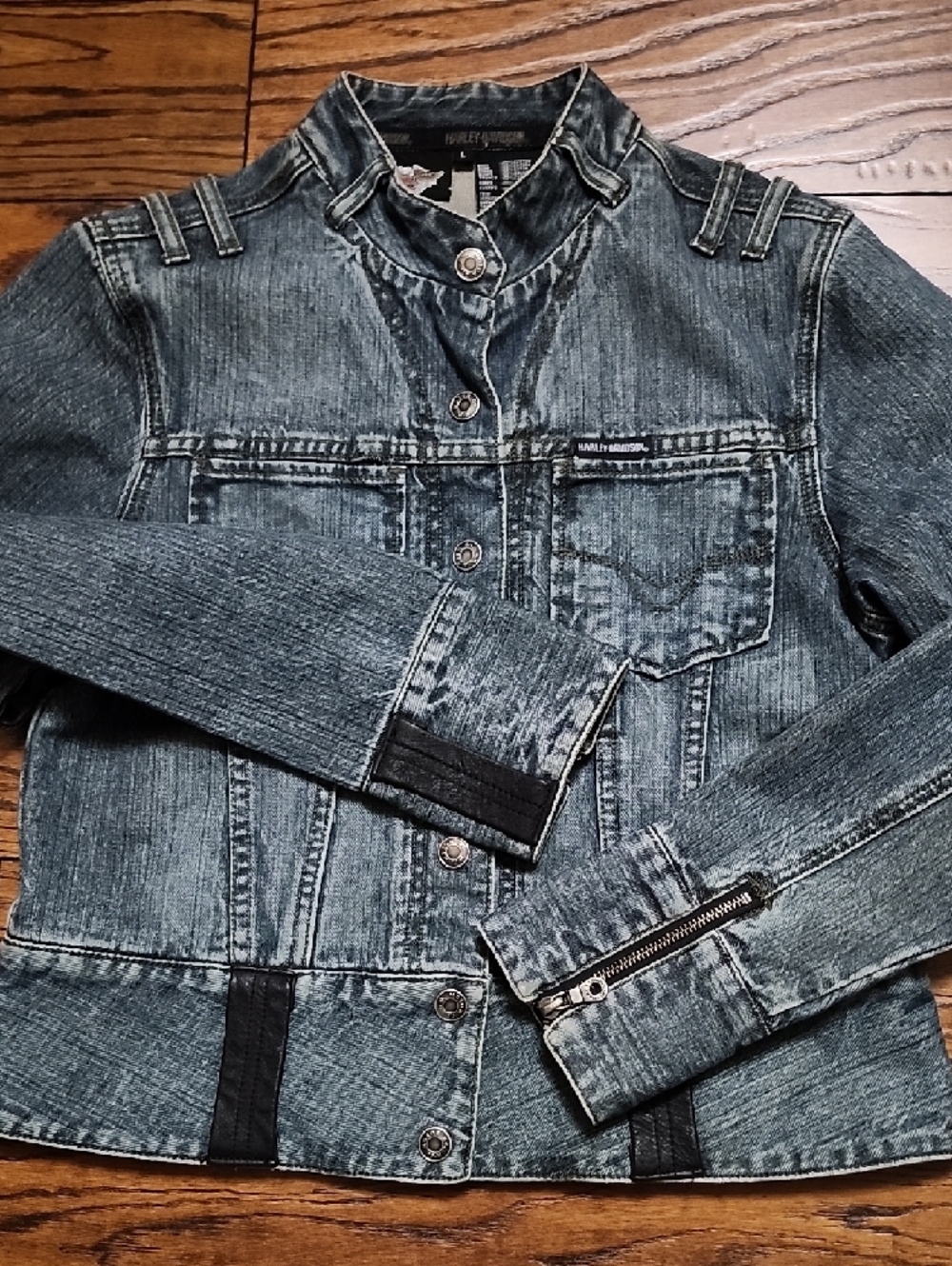 Harley-Davidson Denim Jacket Large Embroidered Logo Leather Trim Snap Front Zip - Picture 12 of 16